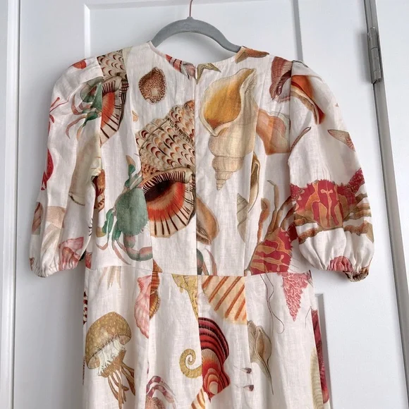 ALEMAIS Atlantic Linen Seashell Print Puff Sleeve Midi Dress NEW with tags - Picture 5 of 8